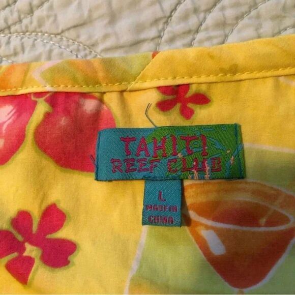 Tahiti Reef Club Floral Knee length Faux Wrap Dress Sundress Yellow Pink Sz L - Picture 6 of 7